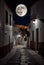 Narrow street of an ancient mediterranean city at full moon. AI generated