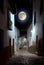 Narrow street of an ancient mediterranean city at full moon. AI generated