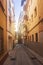 Narrow street of Blanes, Costa Brava, Spain. Catalan streets. Spanish town of Blanes