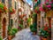 Narrow street with flowers in the old town of Bologna, Italy