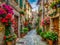 Narrow street with flowers in the old town of Montblanc, France