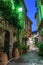 Narrow street with flowers in the old town Mougins in France.