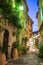 Narrow street with flowers in the old town Mougins in France. Ni