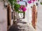 Narrow street in Lindos town on Rhodes island, Dodecanese, Greece. Beautiful scenic old ancient white houses with flowers. Famous