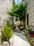 Narrow street lined with plants and a table to relax at in Ston, Croatia