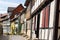 Narrow street of old houses with slightly skewed wall, Quedlinburg, Germany