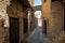 Narrow street with old medieval arches and blue door in Rhodes tow. Rhodes island, Greece