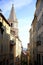 Narrow street with a view of a bell tower, Accoules, Marseille, France