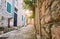 Narrow streets of historical old town Herceg Novi, Boka Kotor gilf. Popular touristic route to Kanli Kula fortress, Montenegro.