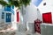 Narrow streets of Milos island city. Greece