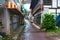 Narrow streets of Shima mountain town on rainy weather