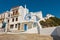 Narrow streets and white houses of Skopelos town at summer morning, island of Skopelos