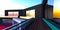 Narrow terrace with decking and glass fence with steel rails. The sunset reflected in large panoramic windows. 3d rendering