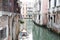Narrow water canal in Venice, green water between the buildings of Venetian tenement houses and boats moored close to the walls
