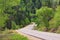 Narrow, winding road entering forest