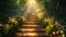 A narrow wooden staircase nestled ast a lush forest beckoning towards a shining beam of sunlight peeking through the
