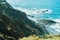 Narrow wooden stairs to the Beniho Beach. Tenerife. Canary Islands. Spain. Handtrail to the coast with voulcanic lava