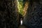 Narrowest stone lane in the Czech Republic, Katova ulicka or Executioner`s alley, street with only 66 cm wide, sunny day, Kadan,