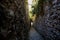 Narrowest stone lane in the Czech Republic, Katova ulicka or Executioner`s alley, street with only 66 cm wide, sunny day, Kadan,