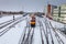 NARVA, ESTONIA - FEBRUARY 23, 2017: The cargo train wich consists of diesellocomotive and many wagons is waiting the