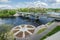 Narva river embankment and a beautiful view of the Ivangorod Fortress and the border of Russia and the European Union