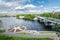 Narva river embankment and a beautiful view of the Ivangorod Fortress and the border of Russia and the European Union