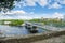 Narva river embankment and a beautiful view of the Ivangorod Fortress and the border of Russia and the European Union