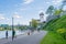 Narva river embankment and a beautiful view of the Ivangorod Fortress and the border of Russia and the European Union