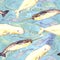 Narwhal and beluga, hand painted watercolor illustration, seamless pattern on blue, green ocean surface with waves