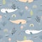 Narwhale, jellyfish and rainbow seamless childish pattern on blue grey background. Hand drawn repeat pattern for wrapping, fabrik.