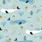 Narwhale, jellyfish and rainbow seamless childish pattern on turquoise background. Hand drawn repeat pattern for wrapping, fabrik.