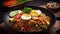 Nasi Goreng beautifully served with eggs, chicken meat, vegetables, Generative AI