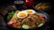 Nasi Goreng beautifully served with eggs, chicken meat, vegetables, Generative AI