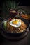 Nasi Goreng with fried egg. Indonesian fried rice served with soya sauce, chili paste sambal and sunny side up