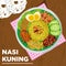 NASI KUNING or Yellow rice is a typical Indonesian food. This food is made from rice cooked together with turmeric and coconut