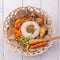 Nasi lemak / Nasi campur, Indonesian Balinese rice with potato fritter, sate lilit, fried tofu, spicy boiled eggs, and peanut