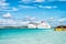 Nassau, Bahamas - January 07, 2016: cruise ships in port. Ocean liners in Caribbean sea on sunny blue sky. Summer vacation on trop