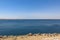 Nasser lake with beautiful blue water, created by building Aswan High Dam on the Nile river in Egypt. View over the water.