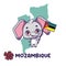 National animal African elephant holding the flag of Mozambique. National flower maroon bell bean displayed on bottom left.