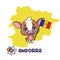 National animal cattle holding the flag of Andorra. National poet\\\'s daffodil displayed on bottom left