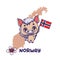 National animal fjord horse holding the flag of Norway. National flower pyramidal saxifrage displayed on bottom left