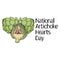 National Artichoke Hearts Day, green parts of the plant whole and halves and themed inscription, for design of a postcard or