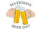 National beer day, male hands holding glasses. Vector illustration.