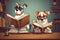 National Book Lovers Day cartoon illustration of two book loving dogs.