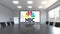 National Broadcasting Company NBC logo on the screen in a meeting room. Editorial 3D rendering