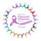 National cancer prevention month, February, with multi-color and lavender purple ribbons for raising awareness of all kind tumors