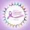 National cancer prevention month, February, with multi-color and lavender purple ribbons for raising awareness of all kind tumors
