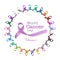 National cancer survivors day, June 5 with multi-color and lavender purple ribbons raising awareness of all kind tumors