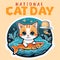 National Cat Day banner a cute cartoon Cat hunting Fish, holding on hand. Happy animals Friendship Between Humans and Cats.