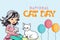 National Cat Day banner little girl playing with cute Cat and Balloons. Happy animals Friendship Between Humans and Cats. Domestic